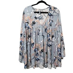 Free People Blue Floral Long Sleeve Tunic Top Womens S Boho Babydoll Fall Flowy
